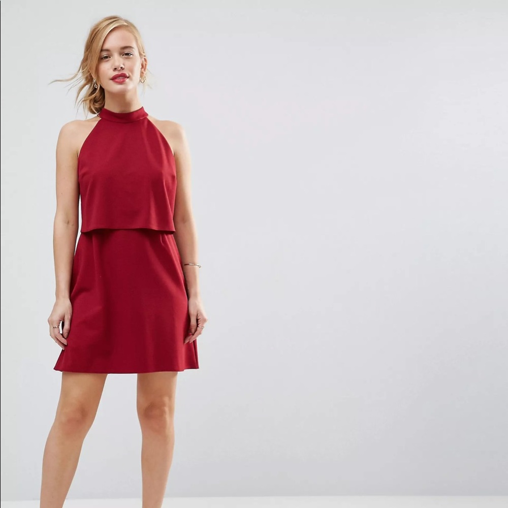 Asos Petite Double Layer Red Dress High Neck Line Size 2 NWOT
